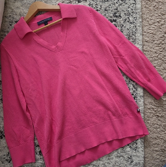 Tommy Hilfiger Waffleknit Sweater Vneck Collared Womens M Cotton Pink - Picture 3 of 8